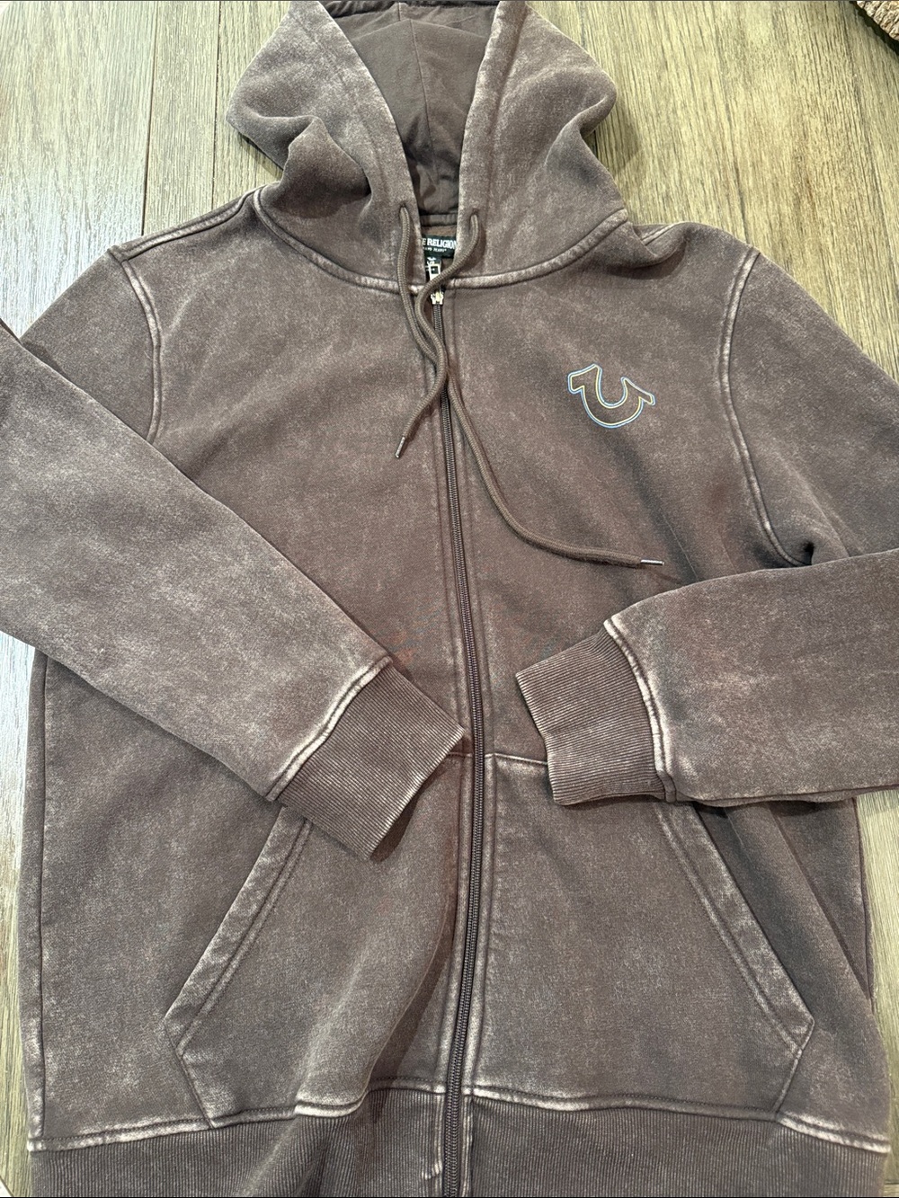 True Religion Men's Brown Zip-Up Hoodie with Logo